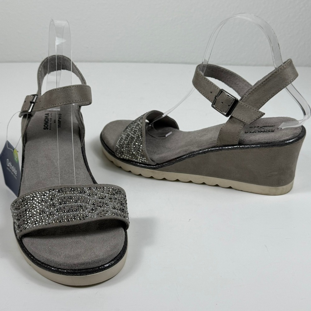 Sonoma Women Wedge Sandals Grey 8.5 Rhinestone Ankle Strap Ortholite Sandals